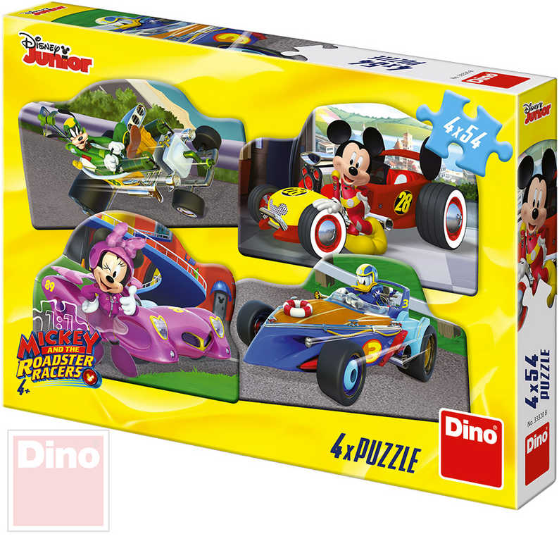 Dino Puzzle 4x54 dielov obrysové Mickey a Minnie na závodech 19,5x13,5cm 4v1