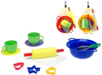 Nádobí dětské barevné kuchyňský plastový set 11ks s doplňky v síťce
