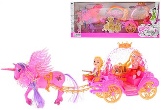 Koník jednorožec s kočárem herní set se 2 panenkami 3 barvy plast