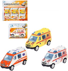 Auto ambulance 8cm kovové na zpětný nátah 3 barvy sanitka v krabičce