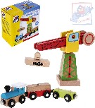 WOODY DŘEVO Jeřáb překládací s magnetem set s mašinkou a 2 vagony k vláčkodráze
