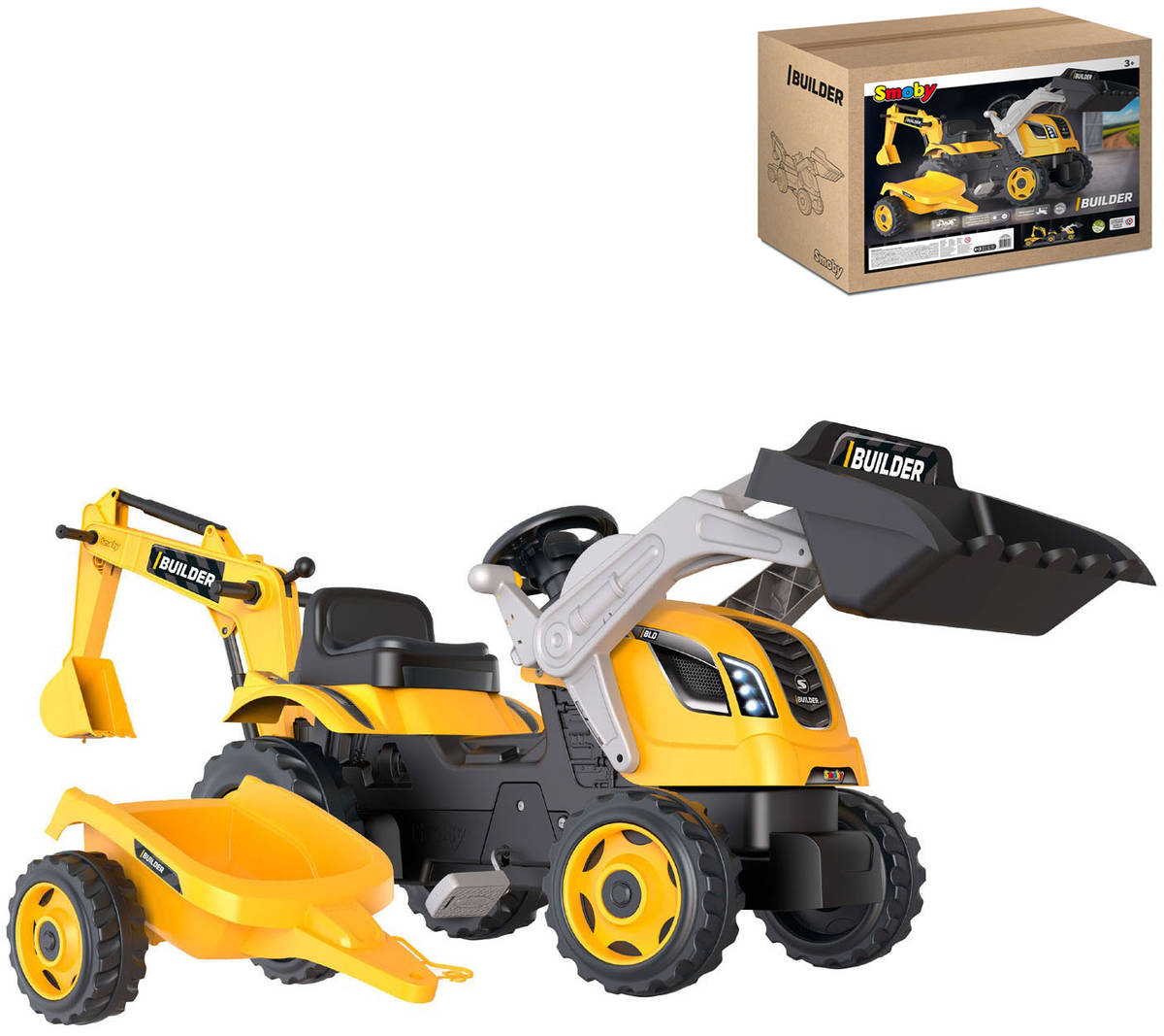 SMOBY Traktor dětský šlapací Builder Max s rypadlem a nakladačem set s vozíkem