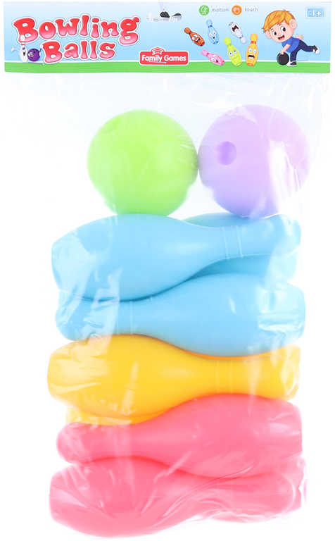 Hra Kuželky soft plastové barevné set 10ks se 2 koulemi v sáčku