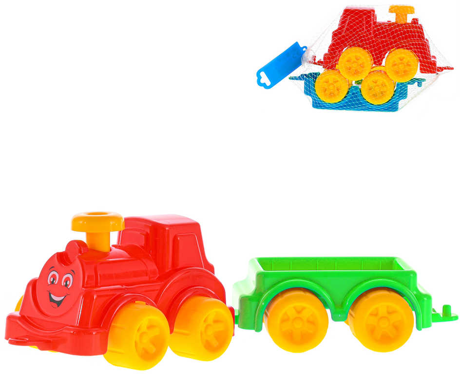 Baby vláček barevný set lokomotiva + vagón s obličejem 2 barvy plast