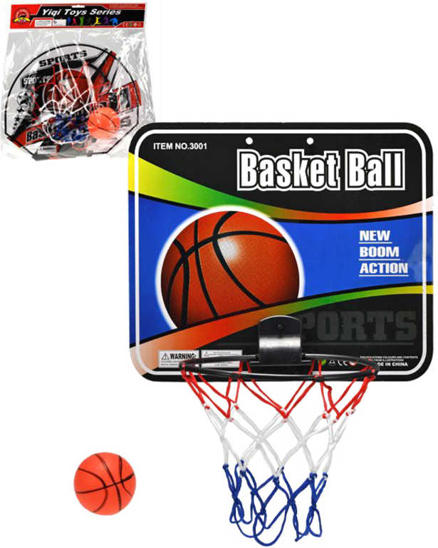 Koš basketbalový na košíkovou set s míčem 9cm různé druhy trikolora v sáčku