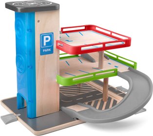 WOODY DŘEVO Garáž 2 patra parkovací dům s výtahem set se 2 autíčky plast