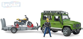 BRUDER 02589 Auto Land Rover set s pvsem a motoycklem Ducati s figurkou jezdce