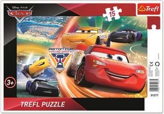 TREFL PUZZLE Deskov Cars 3 (Auta) Boj o vtzstv skldaka 26x16cm 15 dlk