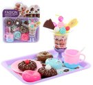 Sladkosti dortíky set s pohárem a podnosem makety potravin + dětské nádobí plast