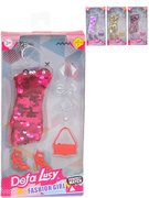 Šaty společenské flitrové pro panenku set s fashion doplňky 4 barvy